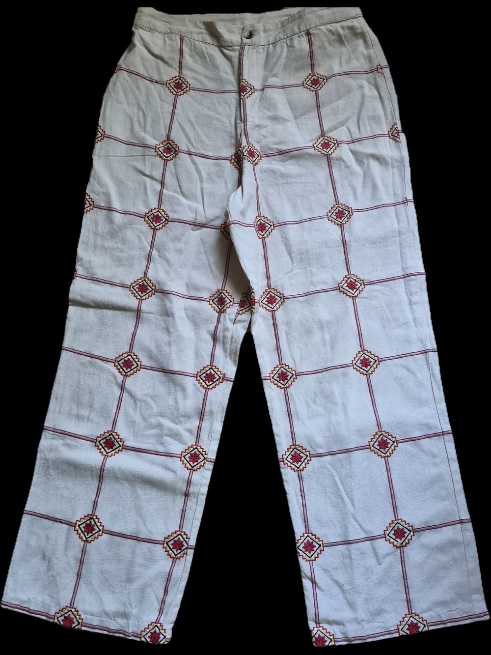 White Straight Leg Pants with Red Geometric Embroidery